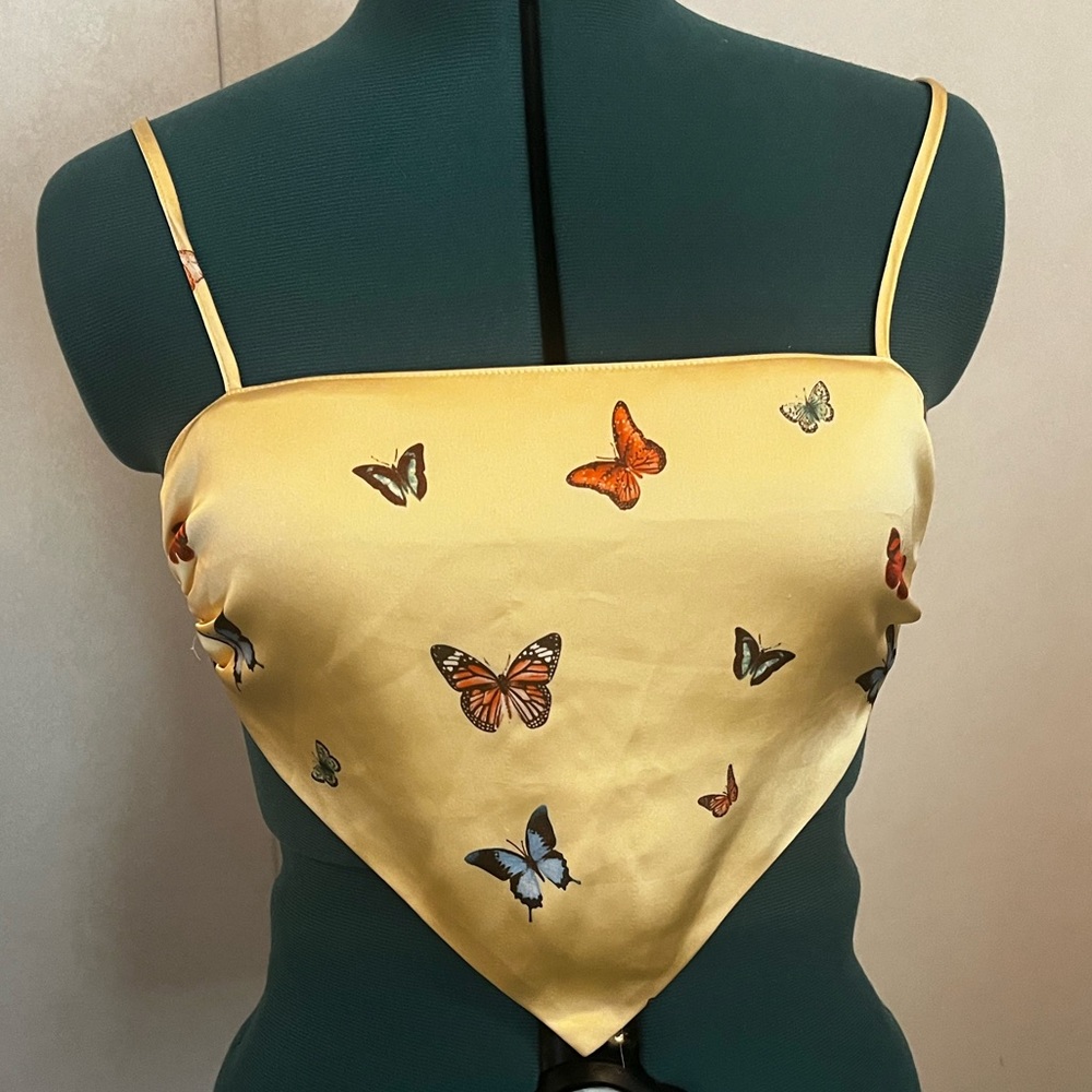 Yellow butterfly spaghetti bandana tie back top.